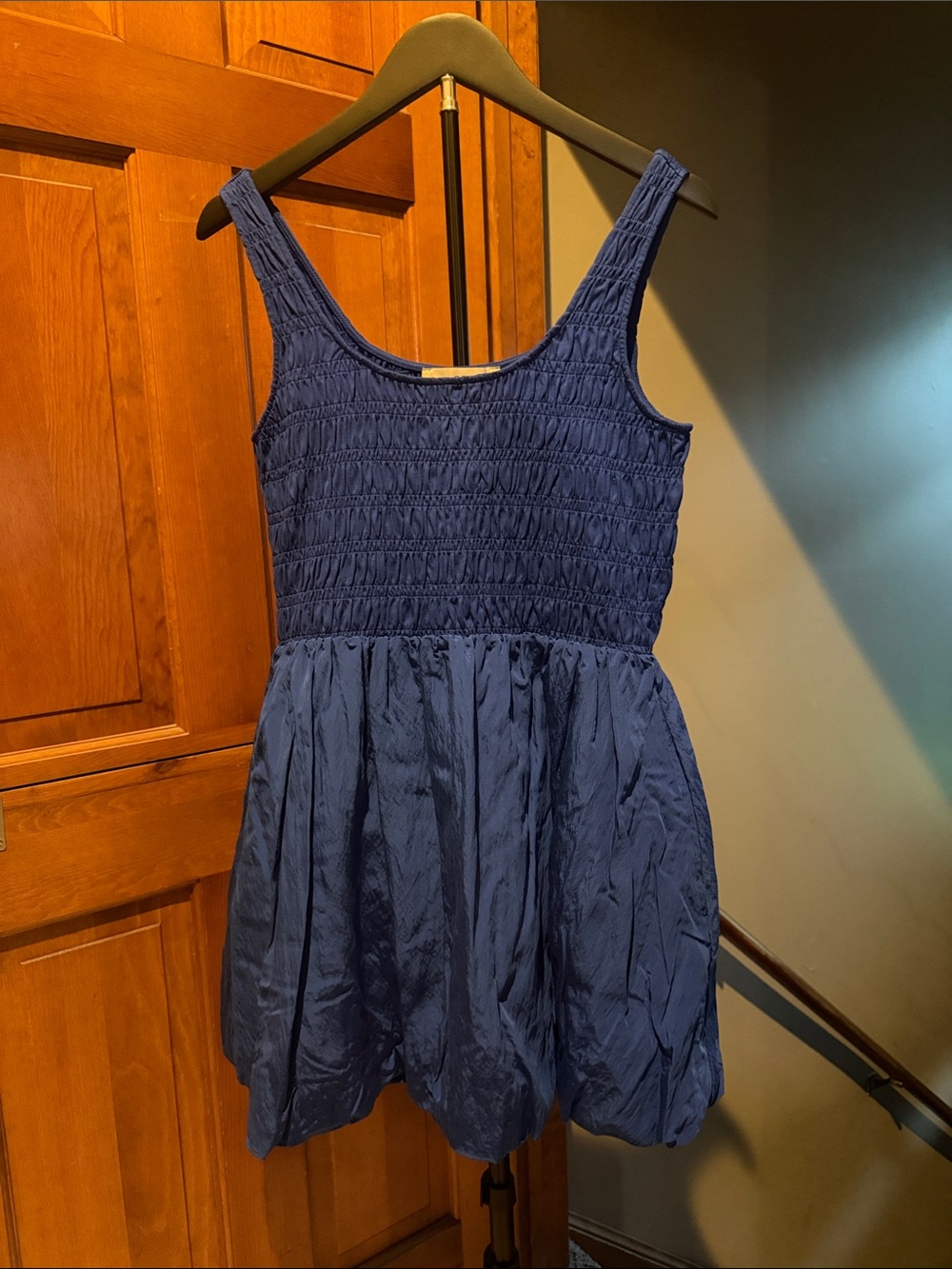 LOFT Navy Blue Smocked Bodice Balloon Hem Mini Dress